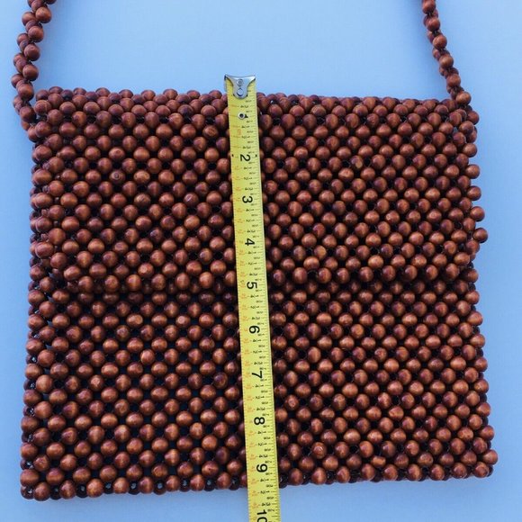 Vintage Hand Made Brown Wood Beaded Evening Shoulder Handbag Long Strap Bag - Picture 6 of 12